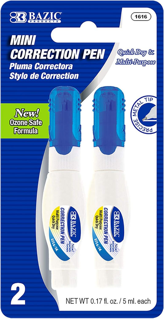 BAZIC Products Correction Pen – Corrections Fluid, Precise Metal Tip White Out, Ideal for School & Office Supplies, Alternative to Correction Solution, 2/Pack, 1-Pack