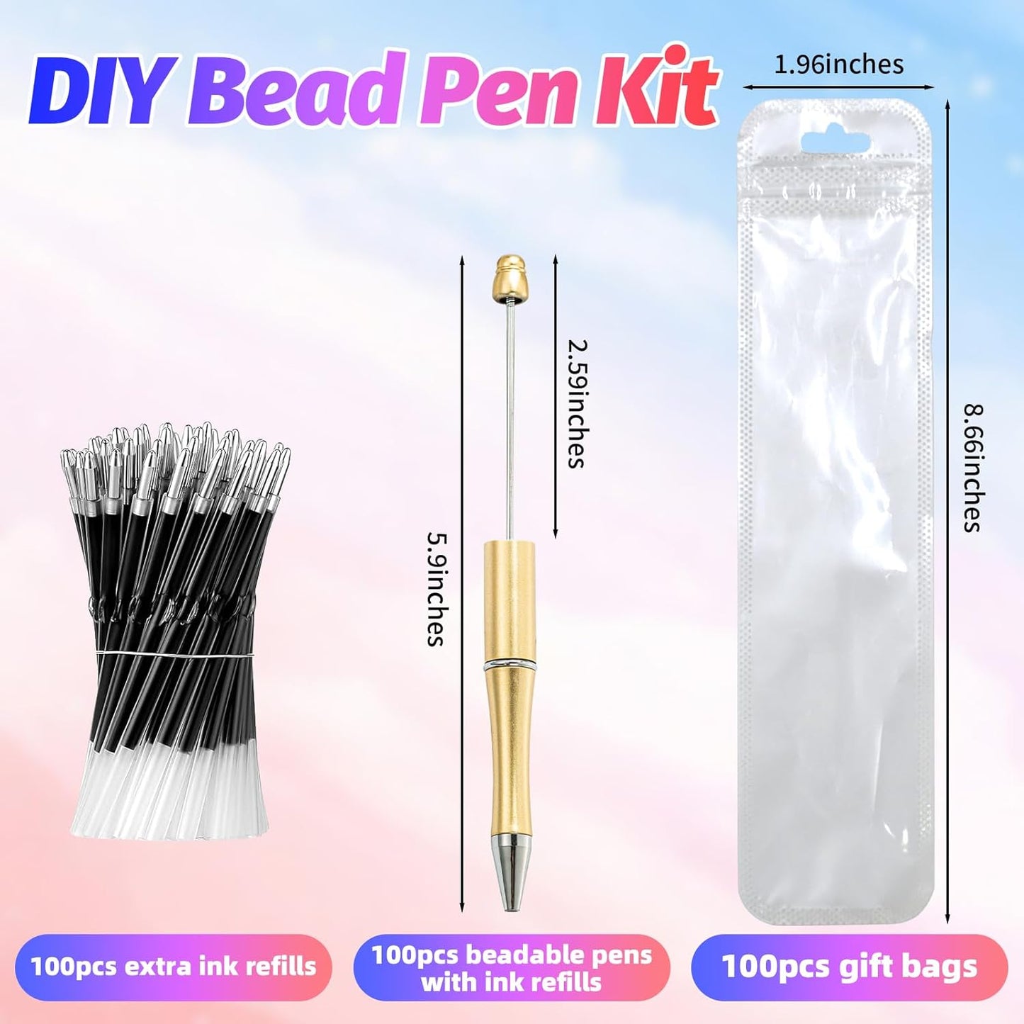 150 Pieces DIY Beadable Pen Kit – 50 Plastic Ballpoint Pens with Refills & Bags, Beads Not Included – School Supplies, Office Accessories & Craft Gifts for Students & Teachers (Multicolor)