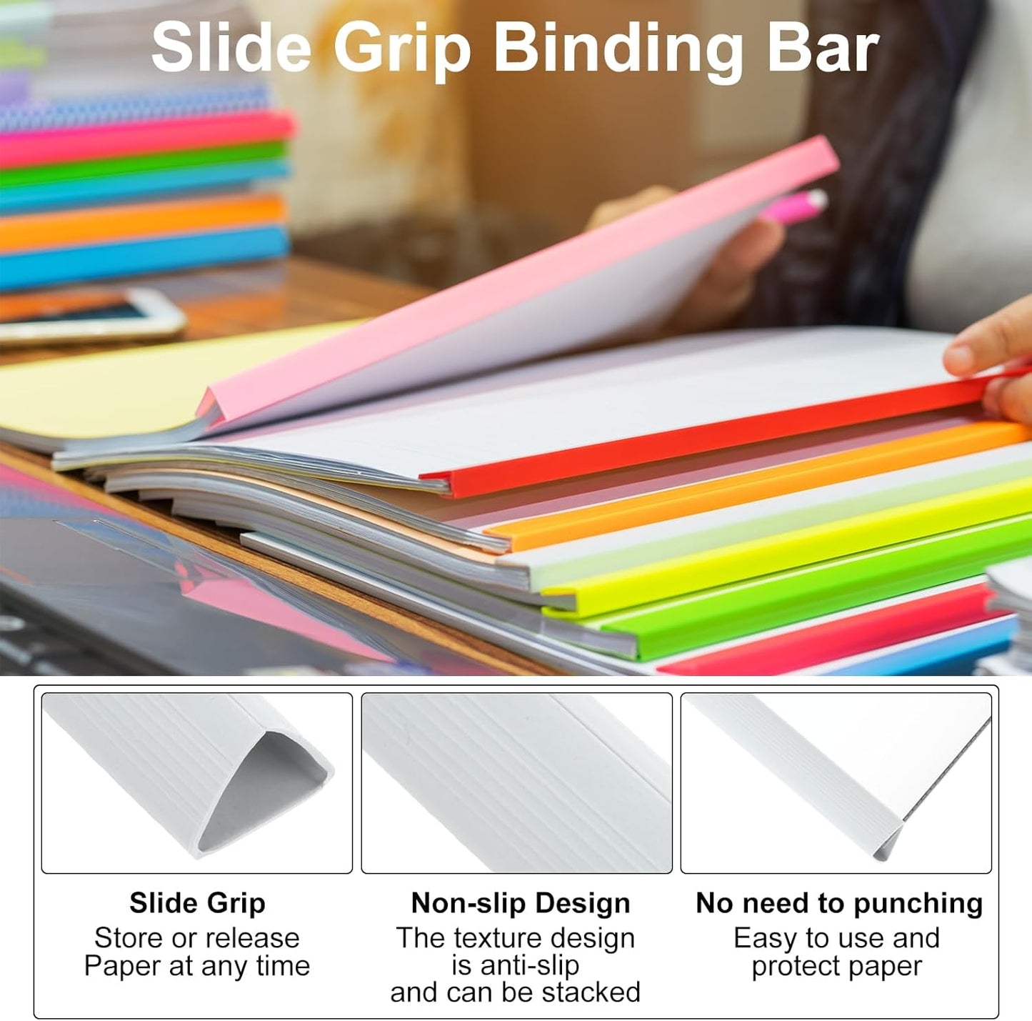PATIKIL 10Pcs Binding Bars, 15mm Binding Bars Slide Grip 120 Sheets Capacity A4 Size Report Binder Triangle Presentation Binder for Report Cover Resume, Blue