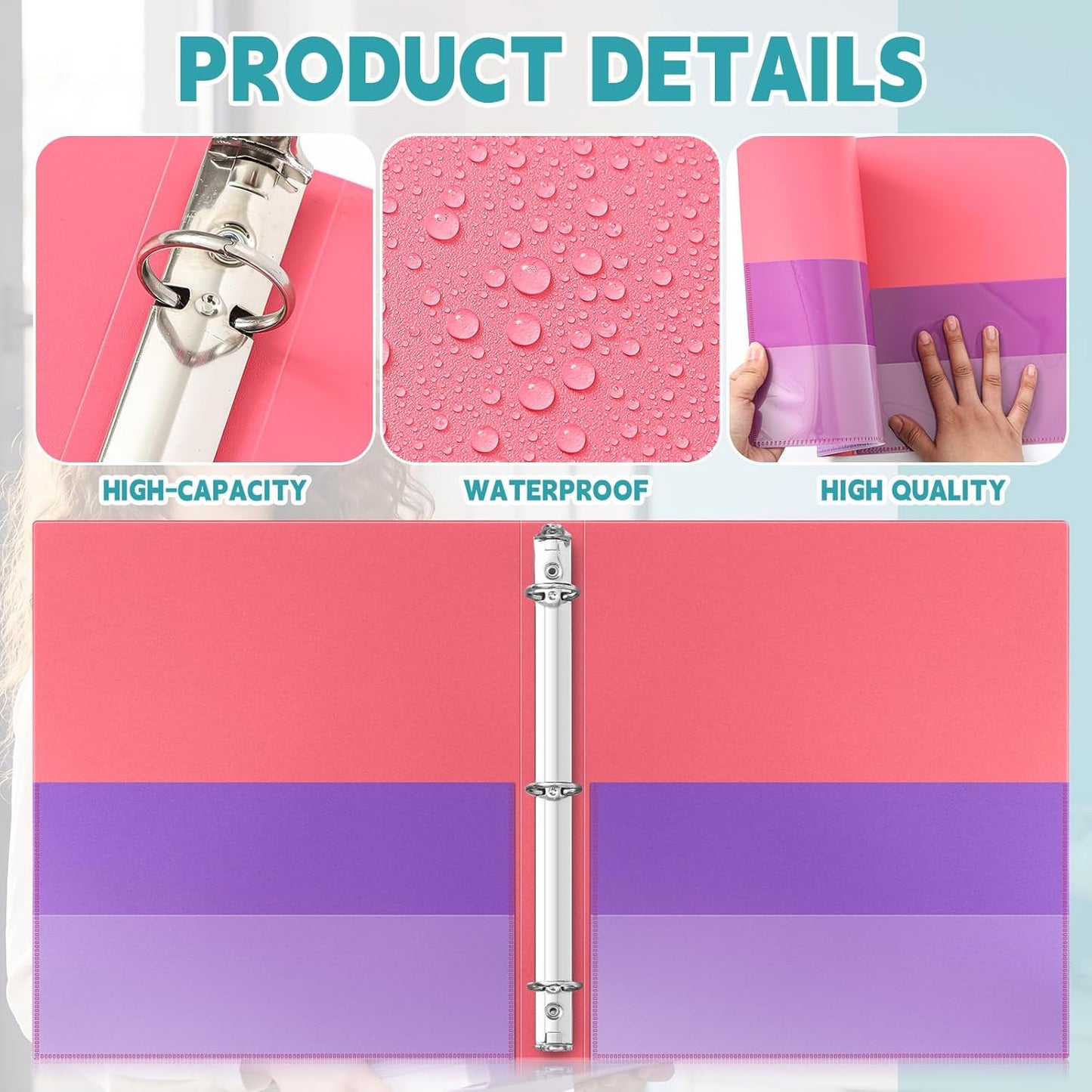 Henoyso 4 Pack Plastic Two-Tone View 3 Ring Binder, 1 Inch Round Ring Binder with Four Inner Pockets, Heavy Duty View Binders for School and Office, Pink, Teal, Purple and Lime (Clear Font Pocket)