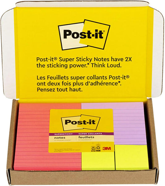 Post-it Super Sticky Notes, Bright Color Collection (Pink, Purple, Green), 12 Pads/Pack, 90 Sheets/Pad, Assorted Sizes (4642-12SSMX)