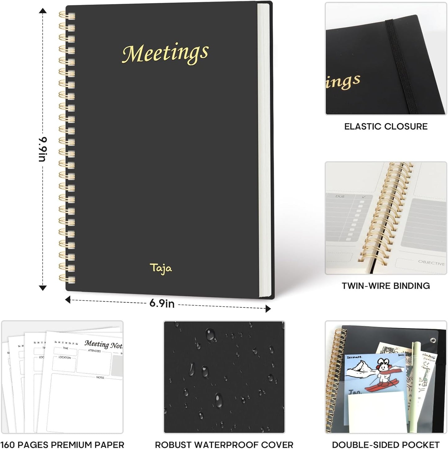 Taja Meeting Notebook for Work Organization - Work Planner Notebook with Action Items, Agenda Planner for Note Taking, 160 Pages (6.9" X 9.9") Project Organizer for Men & Women - Blue