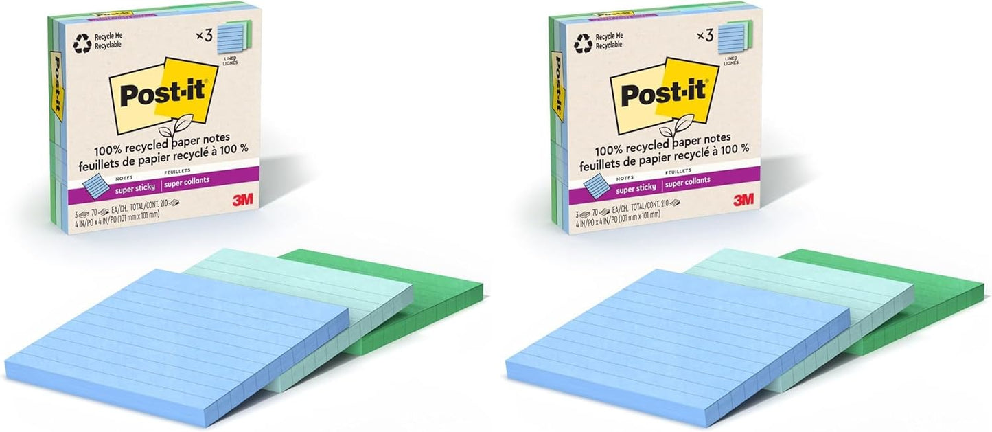 Post-it 100% Recycled Paper Super Sticky Notes, 4 in. x 4 in., 3 Pads, 70 Sheets per Pad, Wanderlust Pastels, School Supplies and Office Products