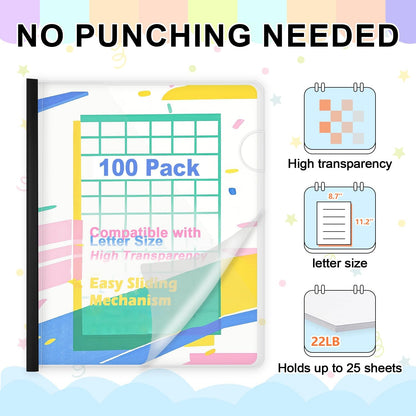 TOTiyea 40 Pack Clear Report Covers with Sliding Bars, 5mm (25 Sheet Capacity) Black Sliding Bar File Folders, for Letter Size
