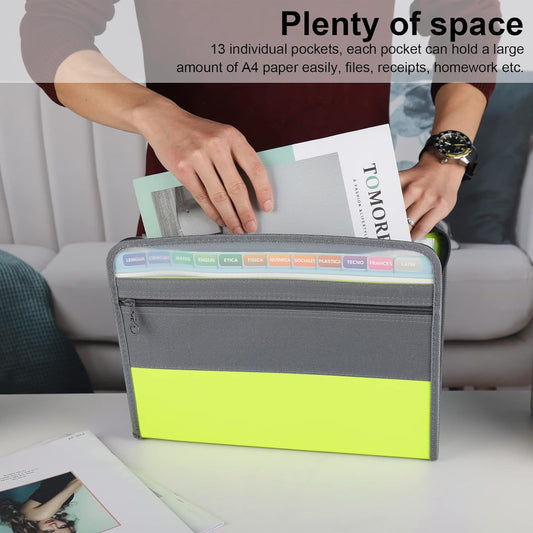 NAFY Expanding File Folder, 13 Pockets Document Organizer with Zipper, A4 Letter Size Portable Accordion Expanding File Folders with 27pcs Multicolor Labels for Home Office School Supplies (Pink)