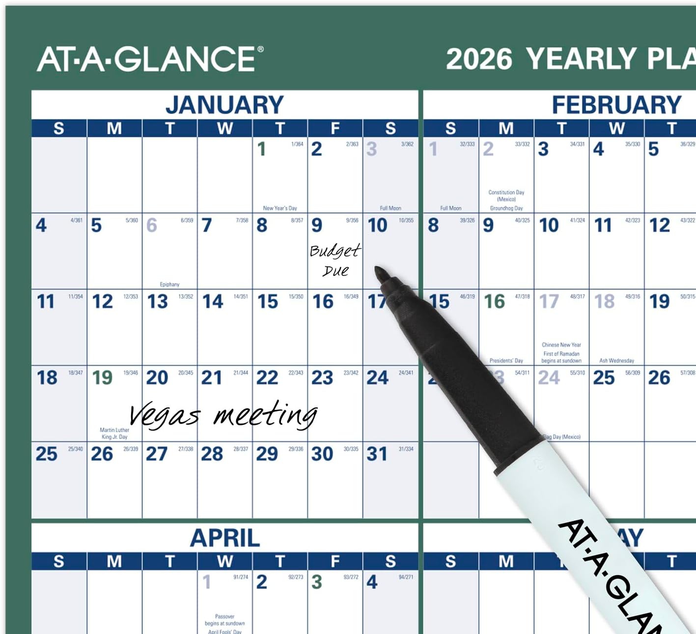 AT-A-GLANCE Dry Erase Calendar 2026-2027 Academic & Regular Year Wall Planner, 12-Month, 24" x 36", Double Sided, Vertical (PM210S28)