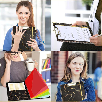 Clipboard Folio with Refillable Notepads, Marble Clipfolio with 5 Dividers with 10 Pockets, Spiral Clipboard Folder Design for School, Office, Work, Teacher, Students, Nurses (Black, 9.4 x 12.8)