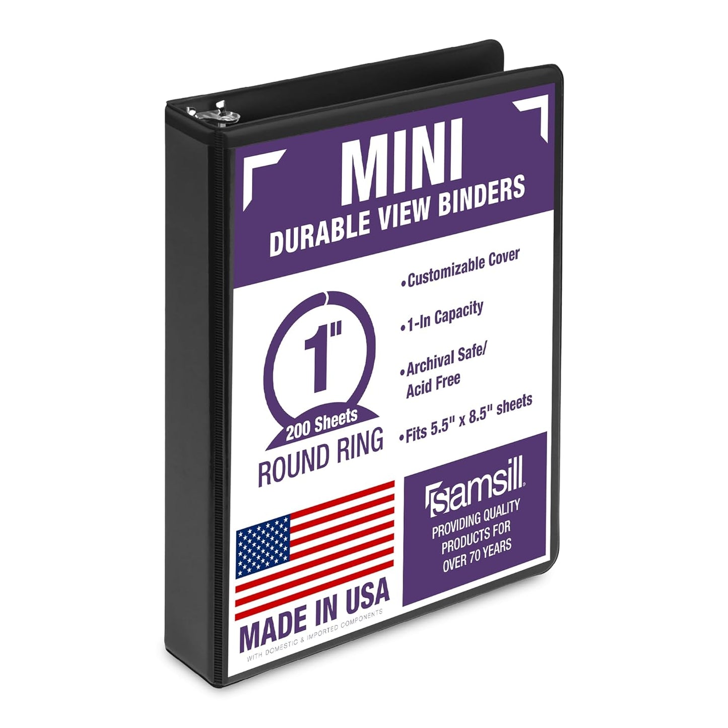Samsill Economy 3 Ring Mini Binder, 1-Inch Round Ring Binder, Holds 100 Sheets, Black, 6 Pack (MP32300)
