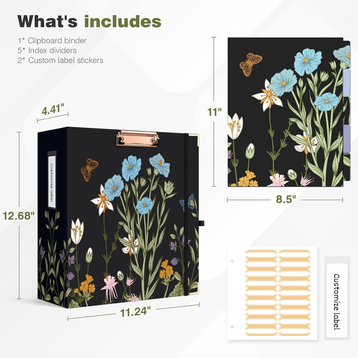 Ospelelf Binder 3 Ring 1 Inch, Floral Round Ring Clipboard Binder for Letter Size with 5 Tab Dividers, File Folder Labels, for School and Office Supplies