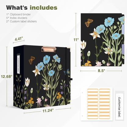 Ospelelf Binder 3 Ring 1 Inch, Floral Round Ring Clipboard Binder for Letter Size with 5 Tab Dividers, File Folder Labels, for School and Office Supplies