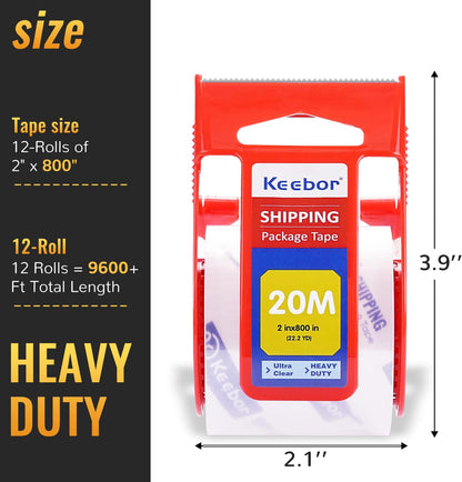 12 Rolls Packaging Tape with Dispenser, Heavy Duty Packing Tape, Clear Tape for Shipping Mailing Wrapping, 1.5'' Core
