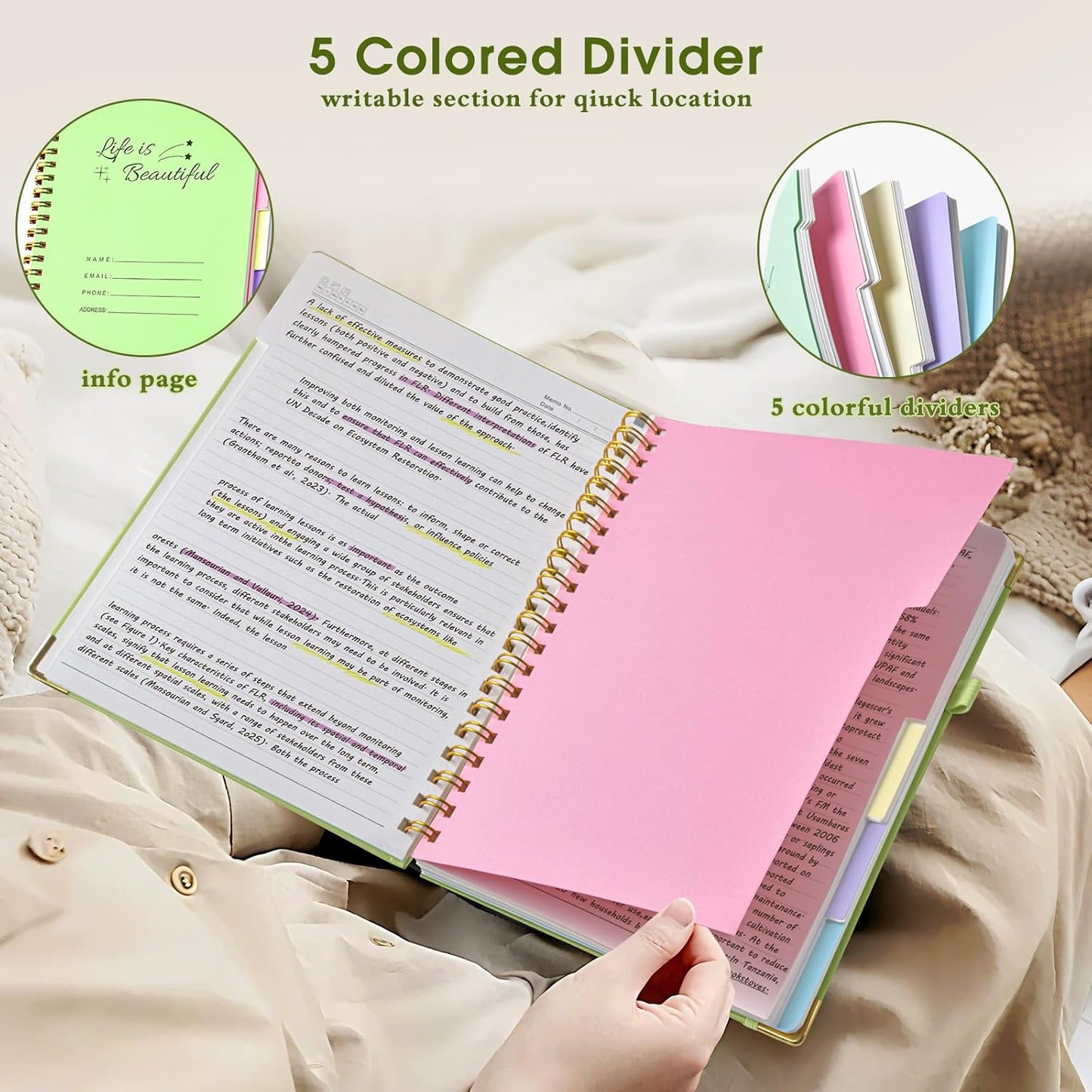 Hardcover Large Spiral Notebook 8.5" x 11" with Removable Dividers Tabs, 300 pages Leather 5 Subject Notebook College Ruled, A4 Journal for Women Men, Notebooks for Work School Note taking,Black