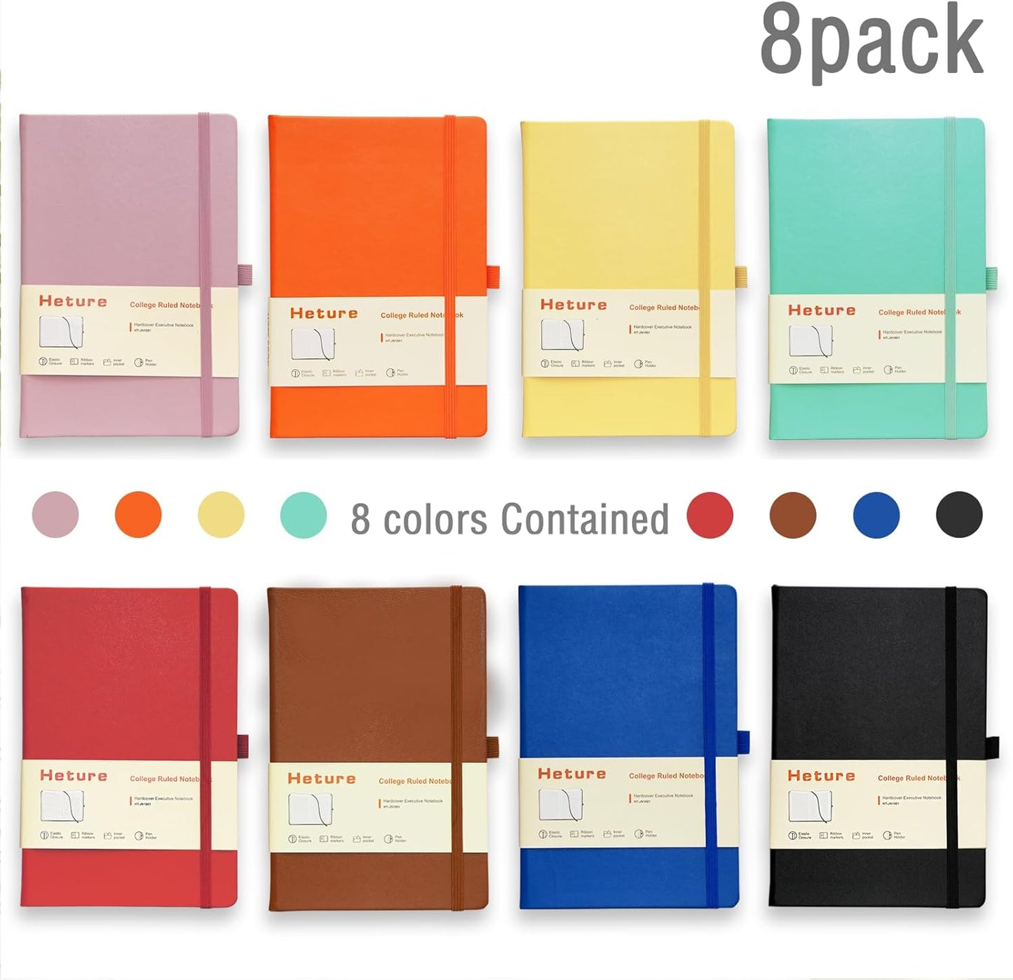 Heture 8 Pack Lined Journal Notebooks,A5 Hardcover Notebooks, 5.5 x 8.3 inch, 100GSM, 160 Pages, Classic College Ruled Notebooks for Writing/Work/Travel/College (Black)