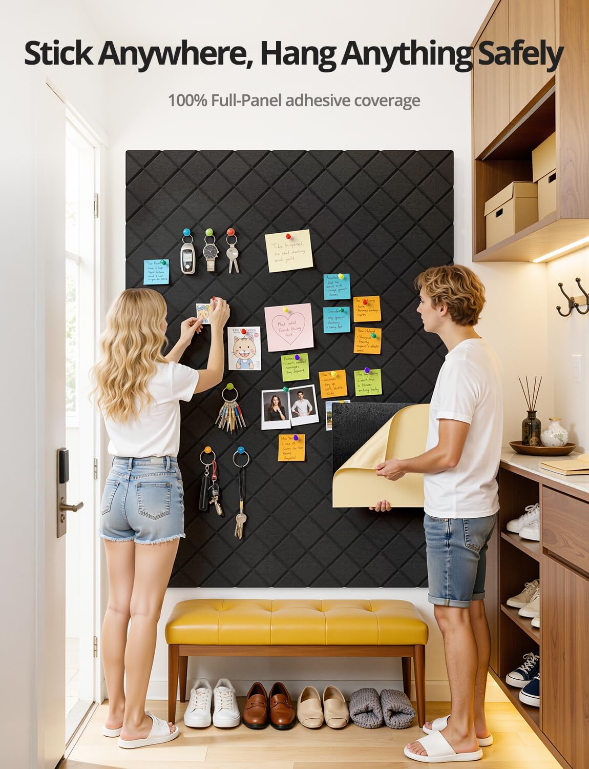 Kuchoow Bulletin Cork Board Large 47.2" x 35.4" Felt Notice Pinboard for Office Walls & Home, Self Adhesive 12 Pack Black Decorative Bulletin Mood Board Corkboard for for Bedroom, Display, Memo, Photo