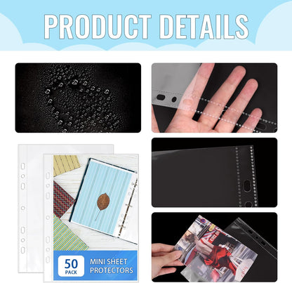 VOKOY 100 Pack 5.5x8.5 Inch Sheet Protectors for 3 or 6 Ring A5 Binder, Half Letter Size 7 Holes Mini Heavy-Duty Sheet Protector Sleeves Crystal Clear Playbill Binder Pockets