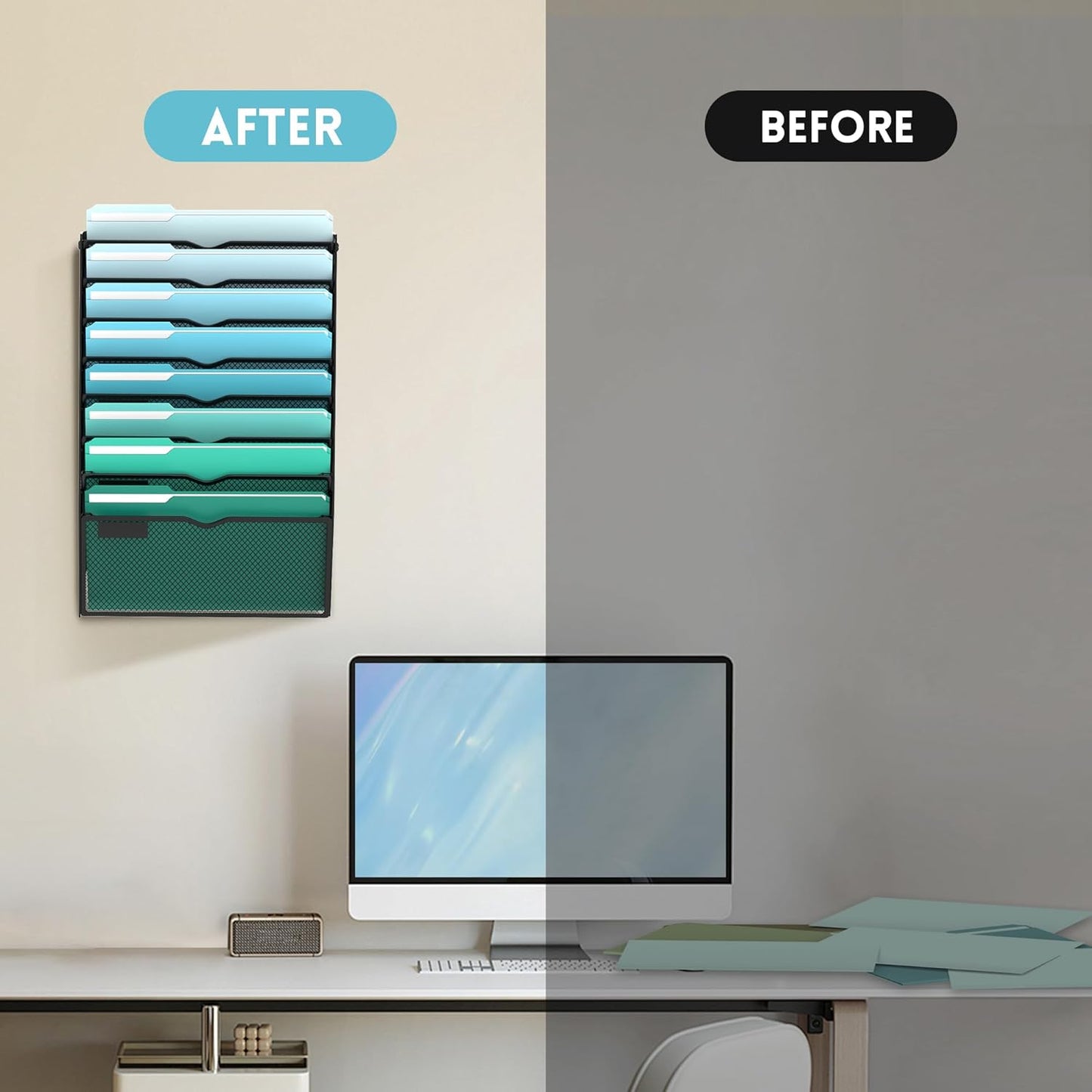SUPEASY 10-Tier Wall File Organizer, Hanging Wall Files for Papers, Folders, Magazines, Clipboard, Wall Organizer for Office Home School Classroom, Black