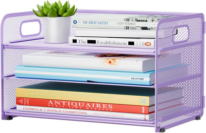 3 Tier Paper Letter Tray Organizer for Desk, Mesh File Folder Document Organizer with Handle for Home Office Supplies Desktop Accessories, Pink