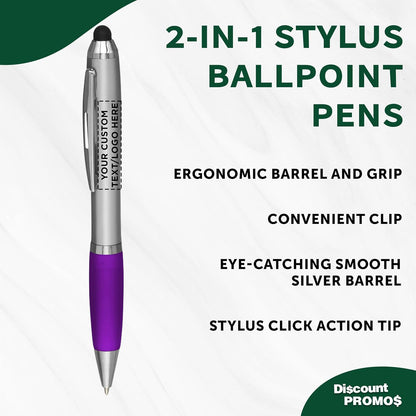 DISCOUNT PROMOS Custom Stylus Ballpoint Pens Set of 10/50/100, Personalized Bulk Pack - Black Ink, Great for Office, School, Business, Tradeshows, Events - Purple