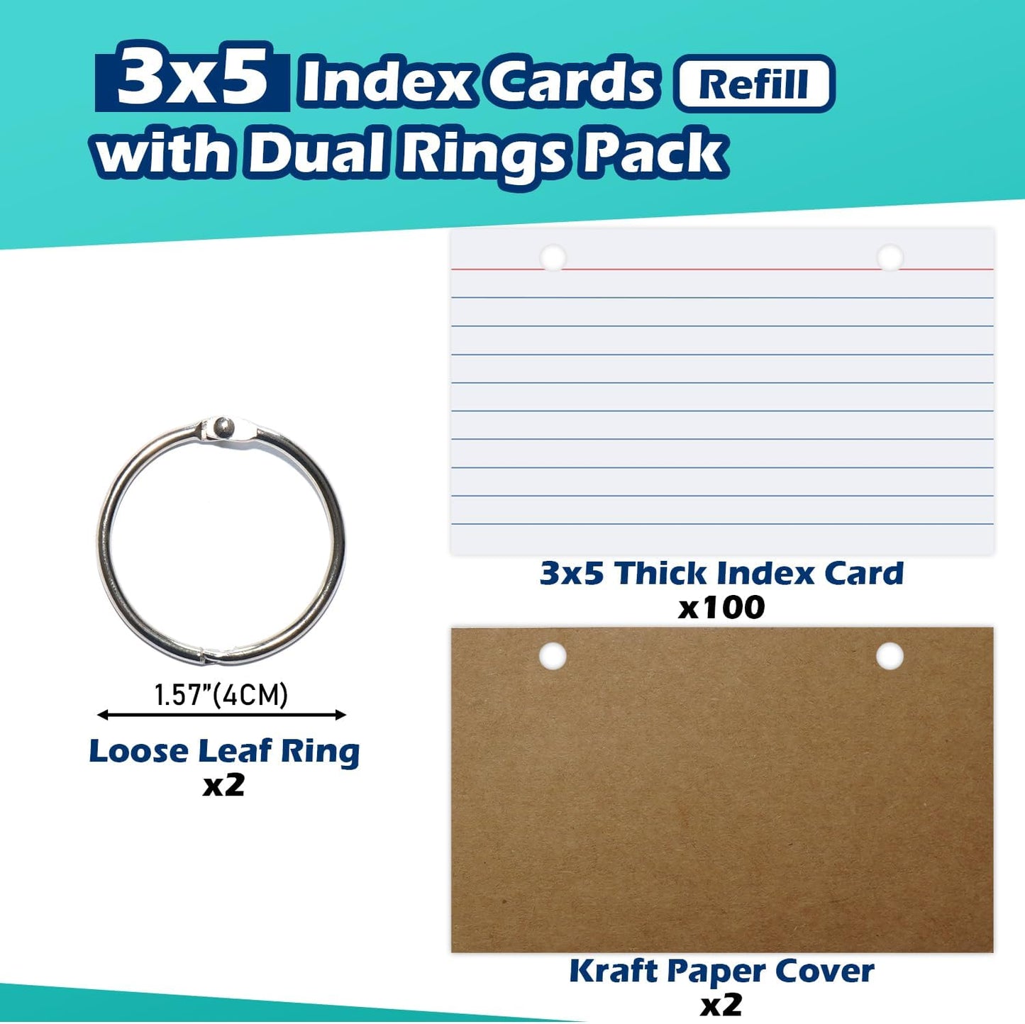 3x5 Lined Index Cards with Ring Binder Holder and Dividers, 100 Ruled Cards, Blue