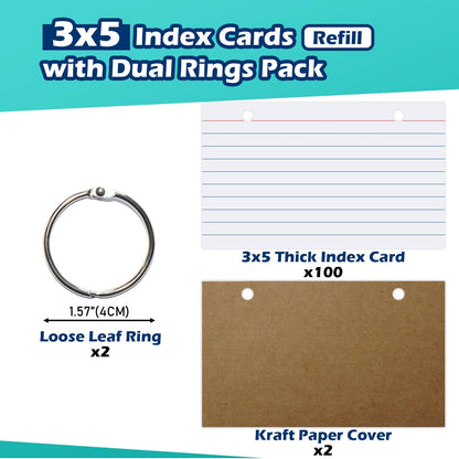 3x5 Lined Index Cards with Ring Binder Holder and Dividers, 100 Ruled Cards, Blue