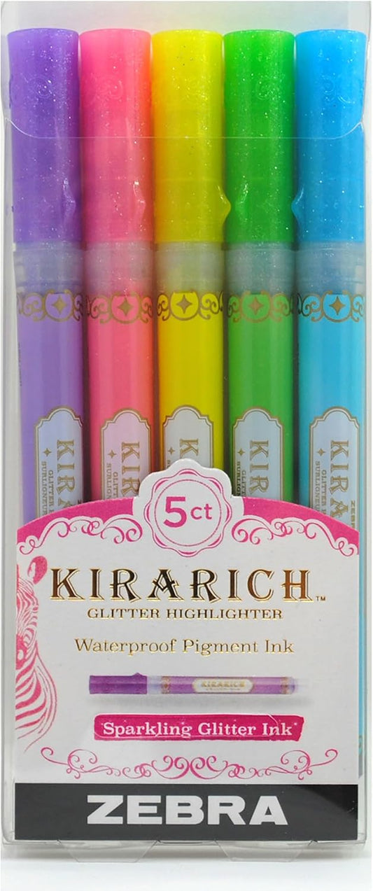 Zebra Pen, KIRARICH Glitter Highlighter, 5 Assorted Colors, Chisel Tip for Broad or Fine Lines, Water-Based Pigment Ink with Glitter Effect for Notes, Journals, Planners, 5-Pack (71605)