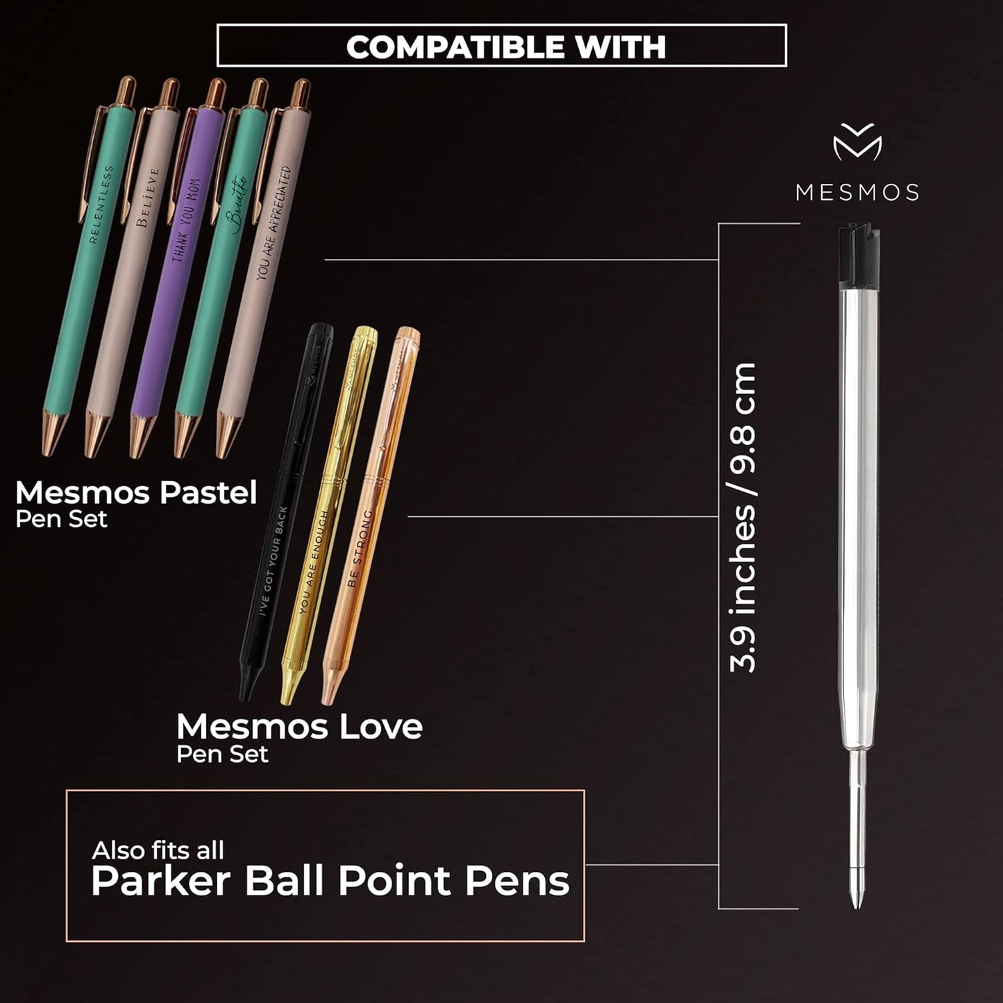 MESMOS 6 Pack 3.9 inch (9.8cm) Pen Refills Ballpoint, Compatible with Ballpoint Parker Pen, (Black Ink)