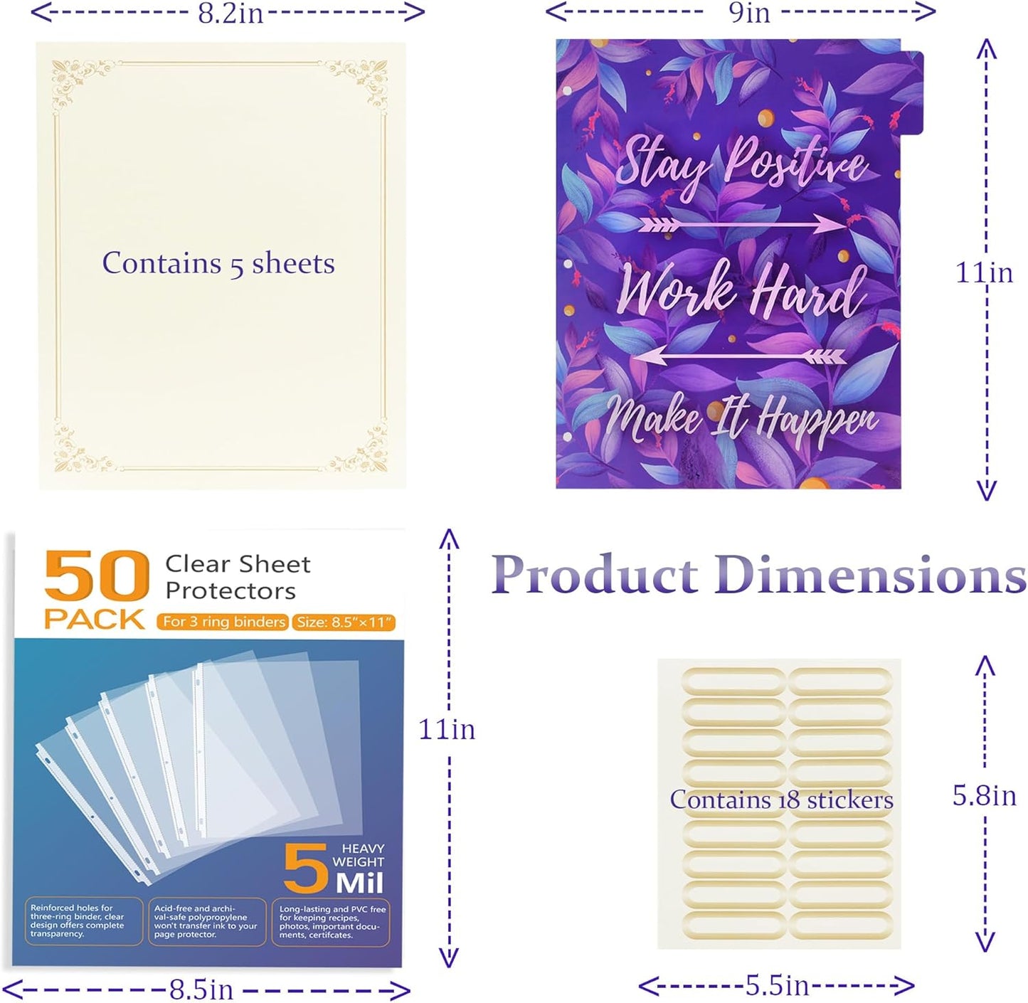 3 Ring Binder with Clipboard, 2 Pockets Purple 3 Ring Binder (11" x 8.6") Folders with Tab Dividers for Women School Office Supplies Portfolio