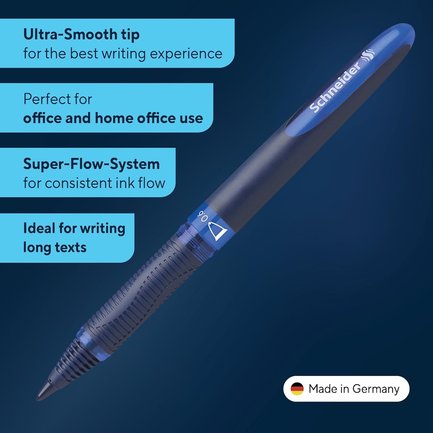 Schneider One Business Rollerball Pen, 0.6 mm Ultra-Smooth Tip, Blue Barrel, Black Ink, Box of 10 Pens (183001)