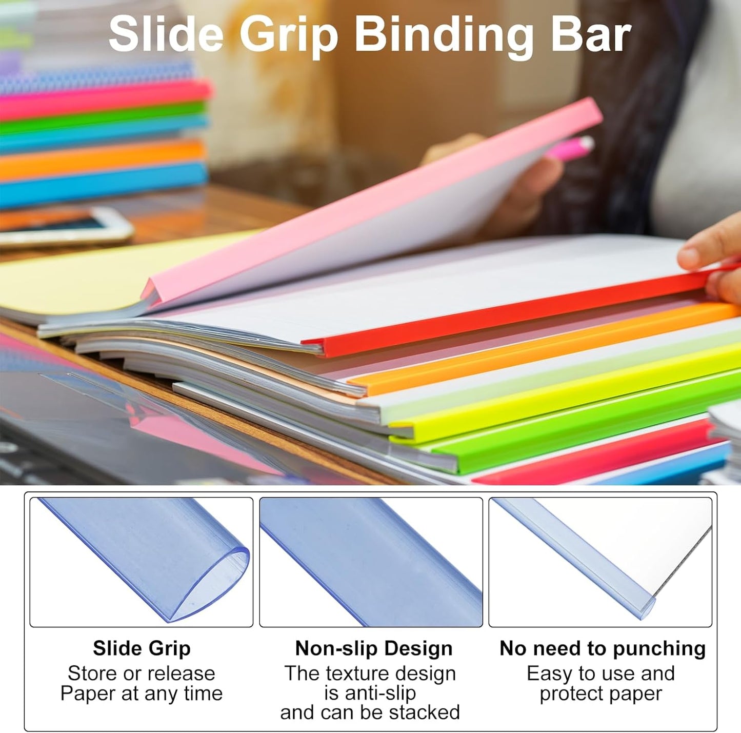 PATIKIL 100Pcs Binding Bars, 8mm Binding Bars Slide Grip 50 Sheets Capacity A4 Size Report Binder Teardrop Shape Presentation Binder for Report Cover Resume, Clear Blue