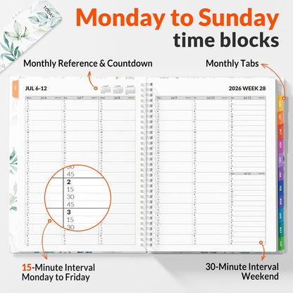 SUNEE 2026-2027 Appointment Book, Quarter-Hourly, Weekly & Monthly - from July 2026 to June 2027, 8.5"x11" Academic Planner, Flexible Cover, Note Pages, Bookmark, Spiral Binding, Black