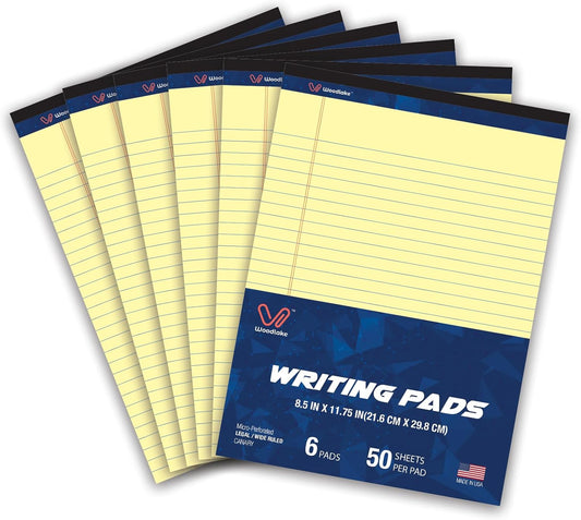Woodlake Legal Pads 8.5 "x 14" – 6‑Pack, Wide Ruled, Premium White Paper Pad No ink Bleed, Micro‑Perforated Writing Pads,50 Sheets, Legal Size Note pads for School, Office & Home, Made in USA