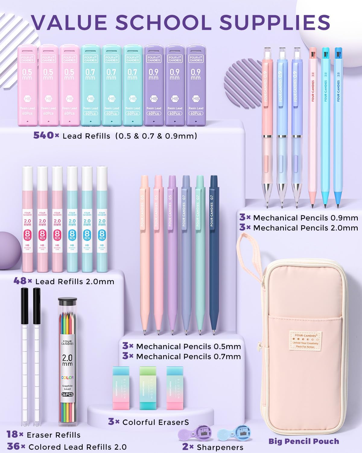 Four Candies 42PCS Aesthetic School Supplies, Mechanical Pencil Set 0.5mm, 0.7mm, 0.9mm, 2.0mm with 696 Lead Refills, Pastel Mechanical Pencils for Writing, Drawing & Drafting (Cream)