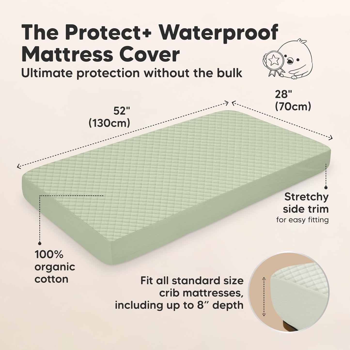 2-Pack Waterproof Crib Mattress Protector Cover Fitted - Quiet Baby Crib Mattress Pad Sheets, 52" x 28" Soft Quilted Cotton Baby Sheet, Machine Washable, Easy Fit, Durable (Soft White/Mavy)