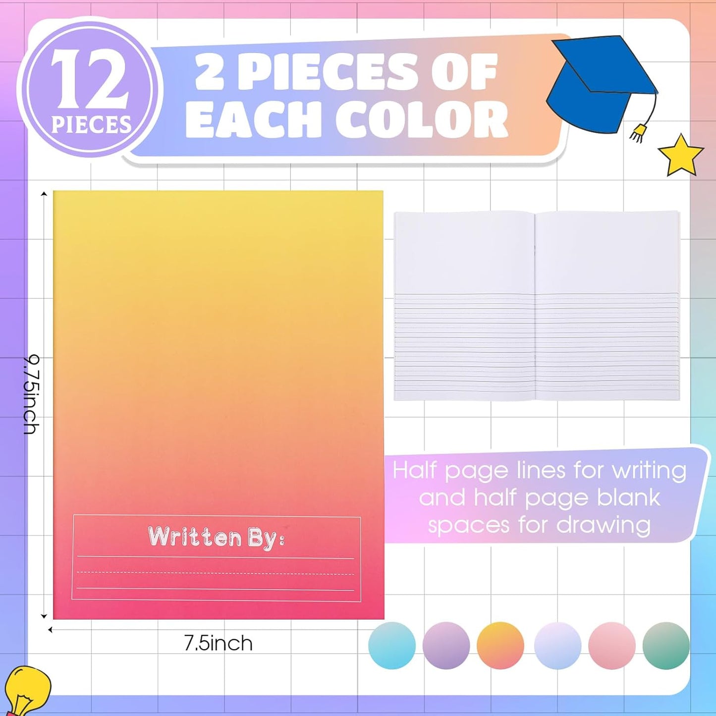 Henoyso 12 Pcs Primary Composition Notebook K-2 Primary Journal, Notebook for Kids Supplies, Bulk Blank Writing Book for Kid to Write Draw Journal 60 Page (9.8″ X 7.5″,Light Color)
