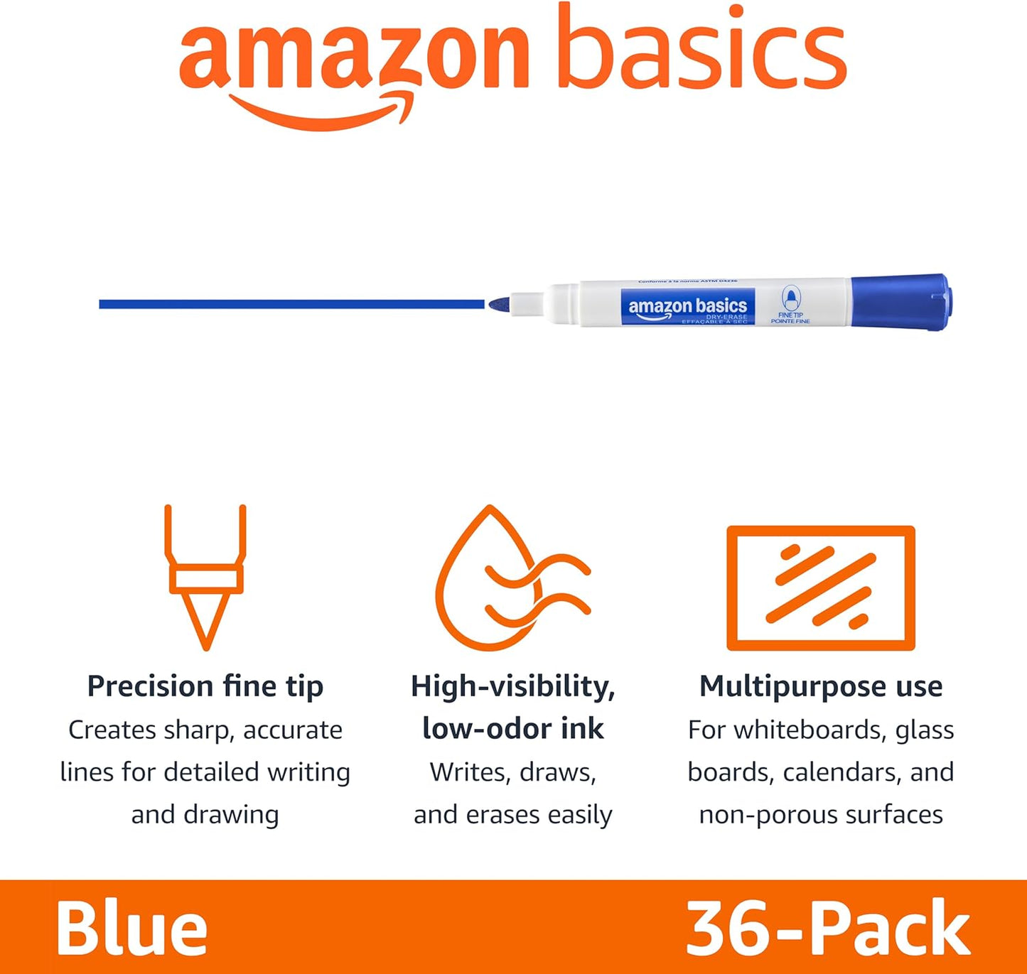 Amazon Basics Low-Odor Dry Erase Whiteboard Markers, Fine Tip, Quick-Dry, Black, 36-Pack
