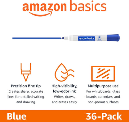 Amazon Basics Low-Odor Dry Erase Whiteboard Markers, Fine Tip, Quick-Dry, Black, 36-Pack