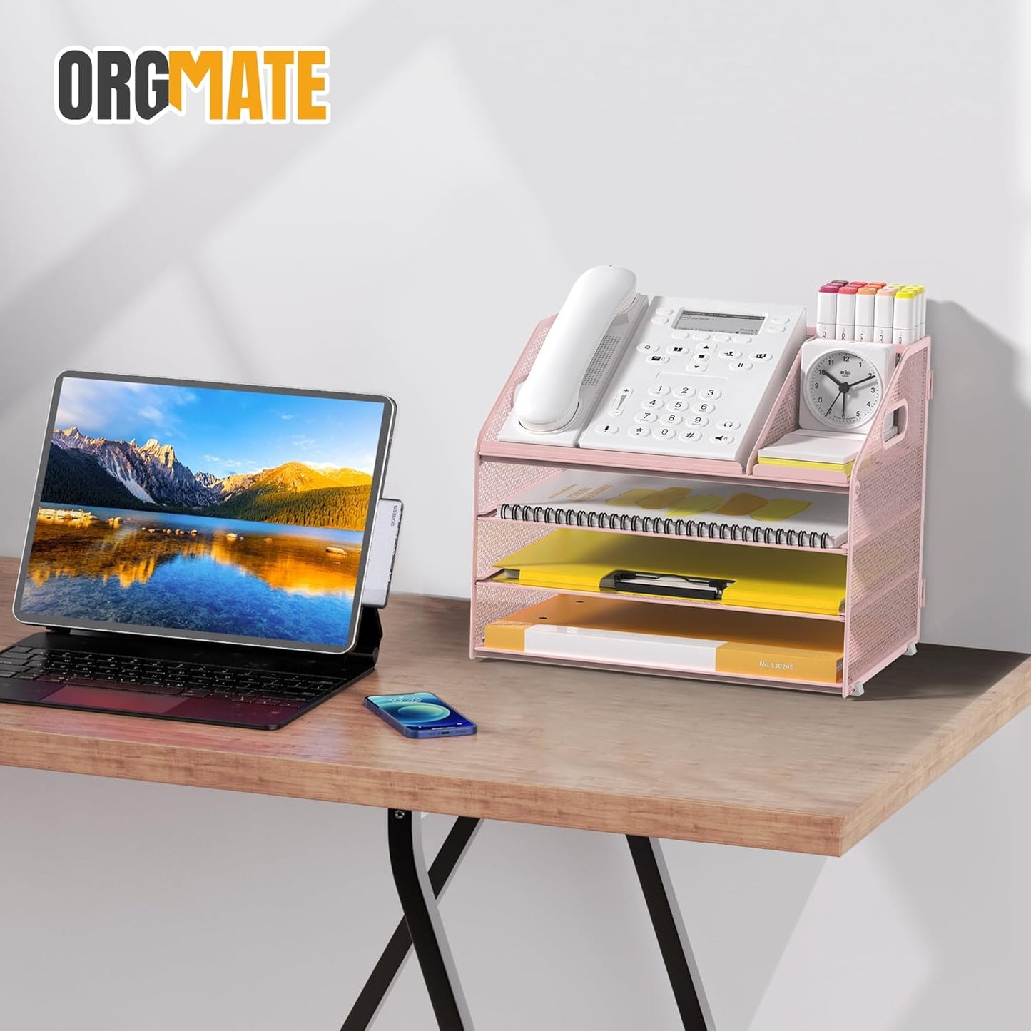 Letter Tray Paper, 4 Tier Desk Organizer with Pen Holder and Handle Mesh File Organizer Paper Sorter Metal Desktop Document Shelf for Office Home Classroom -Black