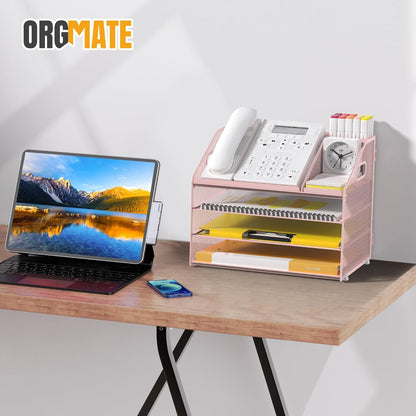 Letter Tray Paper, 4 Tier Desk Organizer with Pen Holder and Handle Mesh File Organizer Paper Sorter Metal Desktop Document Shelf for Office Home Classroom -Black