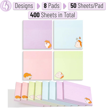Mr. Pen- Aesthetic Sticky Notes, 3"x3", 8 Pads, 400 Sheets, 4 Designs, Cute Bear Sticky Notes, Self-Stick Note Pads Aesthetic, Perfect for Office, School, Home, Study & Organization
