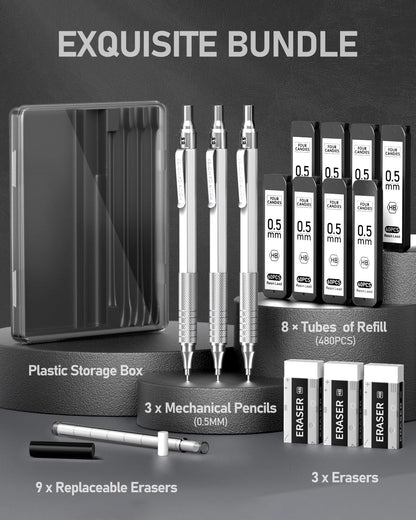Four Candies Mechanical Graphite Pencil Set, 3pcs Black Metal Pencils with Anti-Skid Grip, Ideal for Artists, Professionals, Teachers and Students