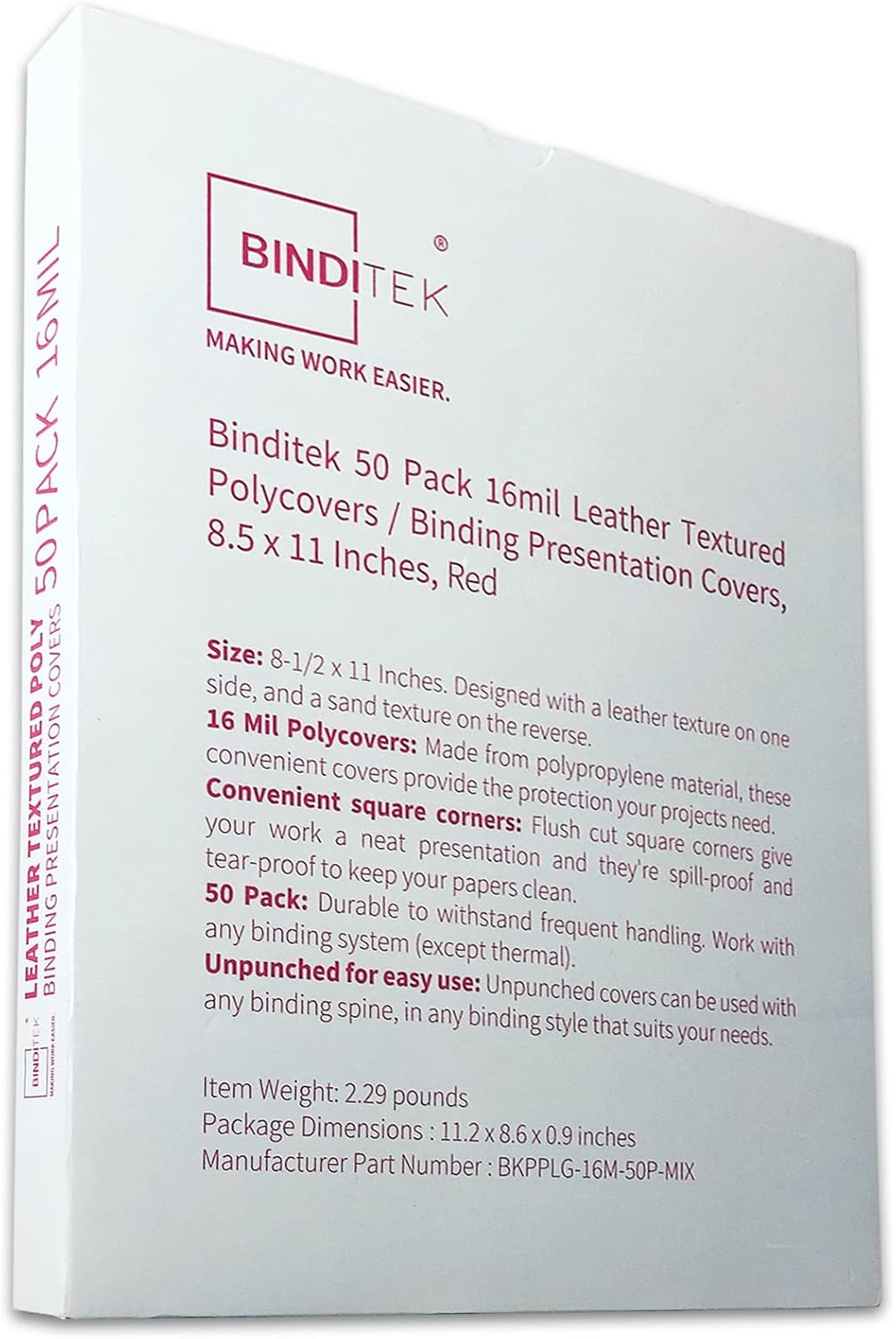 Binditek 100 Pack 16 Mil Leather-Textured Heavyduty Polycovers, Plastic Binding Presentation Covers, Letter Size, 8-1/2 x 11", Square Corners, Un-Punched, Black