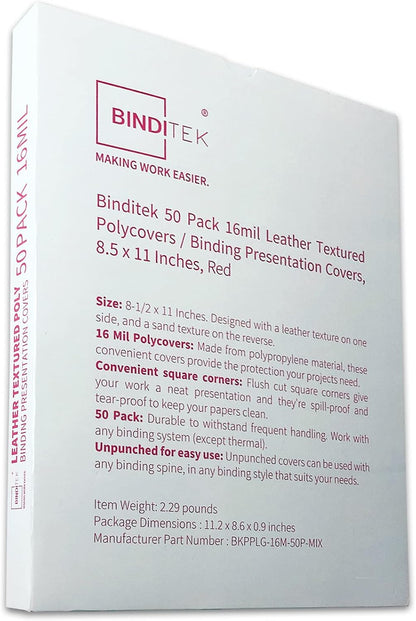 Binditek 100 Pack 16 Mil Leather-Textured Heavyduty Polycovers, Plastic Binding Presentation Covers, Letter Size, 8-1/2 x 11", Square Corners, Un-Punched, Black