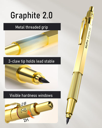 Nicpro 35PCS Art Mechanical Pencil Set, 3 PCS Metal Drafting Pencil 0.5 mm & 0.7 mm & 0.9 mm & 3 PCS 2mm Lead Holder (6B 4B 2B HB 2H 4H Colors) For Sketching Drawing With 20 Tube Lead Refills Case