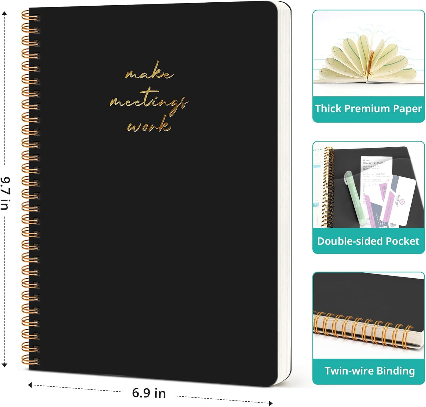 Meeting Notebook for Work Organization - Work notebook with action items, Meeting Minutes Planner Notebook, Perfect Office Supplies for Men & Women - Pink