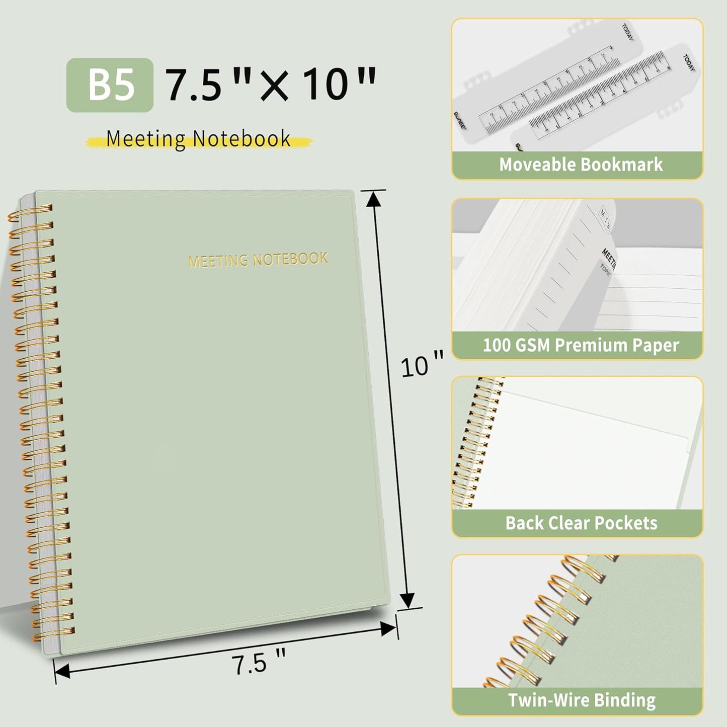 SUNEE Half Meeting Half Note - 7.5"x10" Professional Notebooks for Work - 160 Pages, B5 Size Project Planner, Spiral Meeting Agenda/Minutes Organizer for Women Men, Note Taking, Office & Business