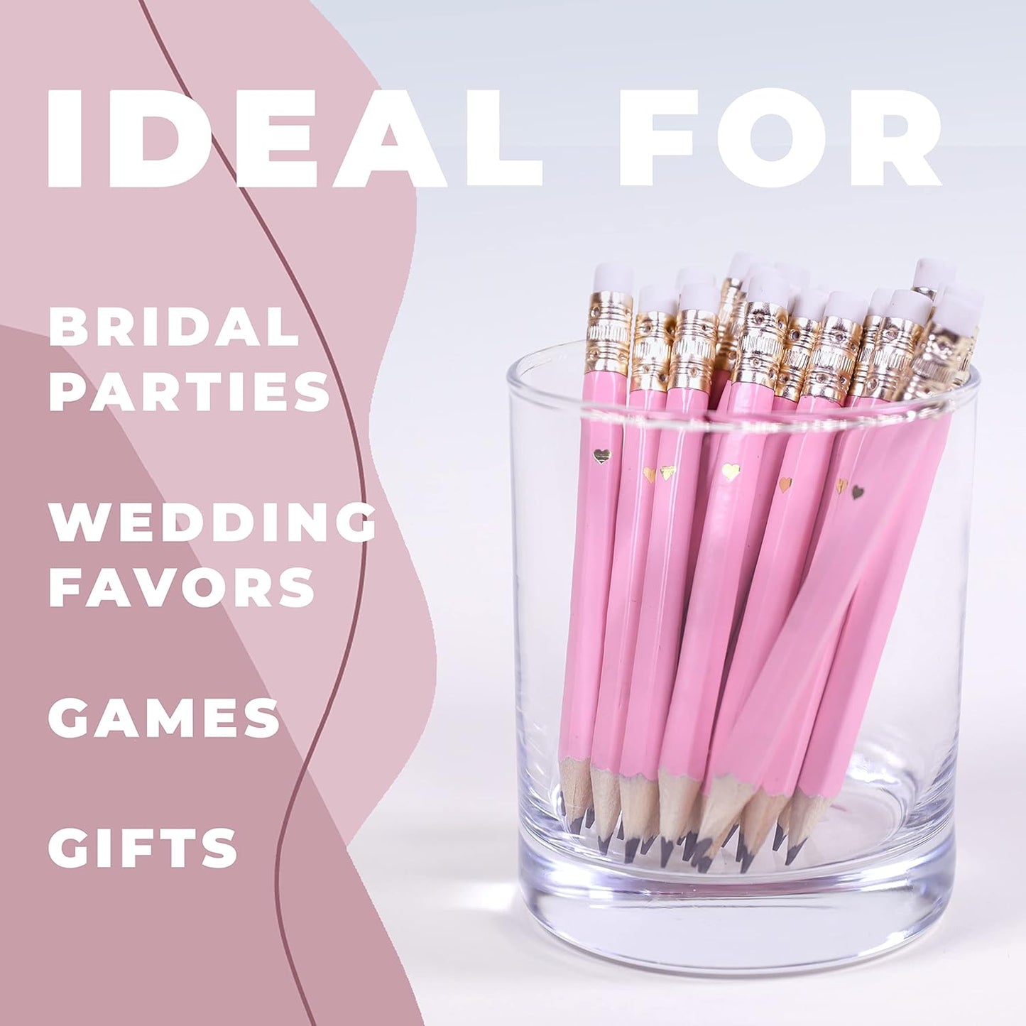 Heart Pencils for Baby Shower Games and Bridal Shower Games, Mini Pencils, Small Pencil Set For Game Prizes, Bridal Pens (White / Gold)