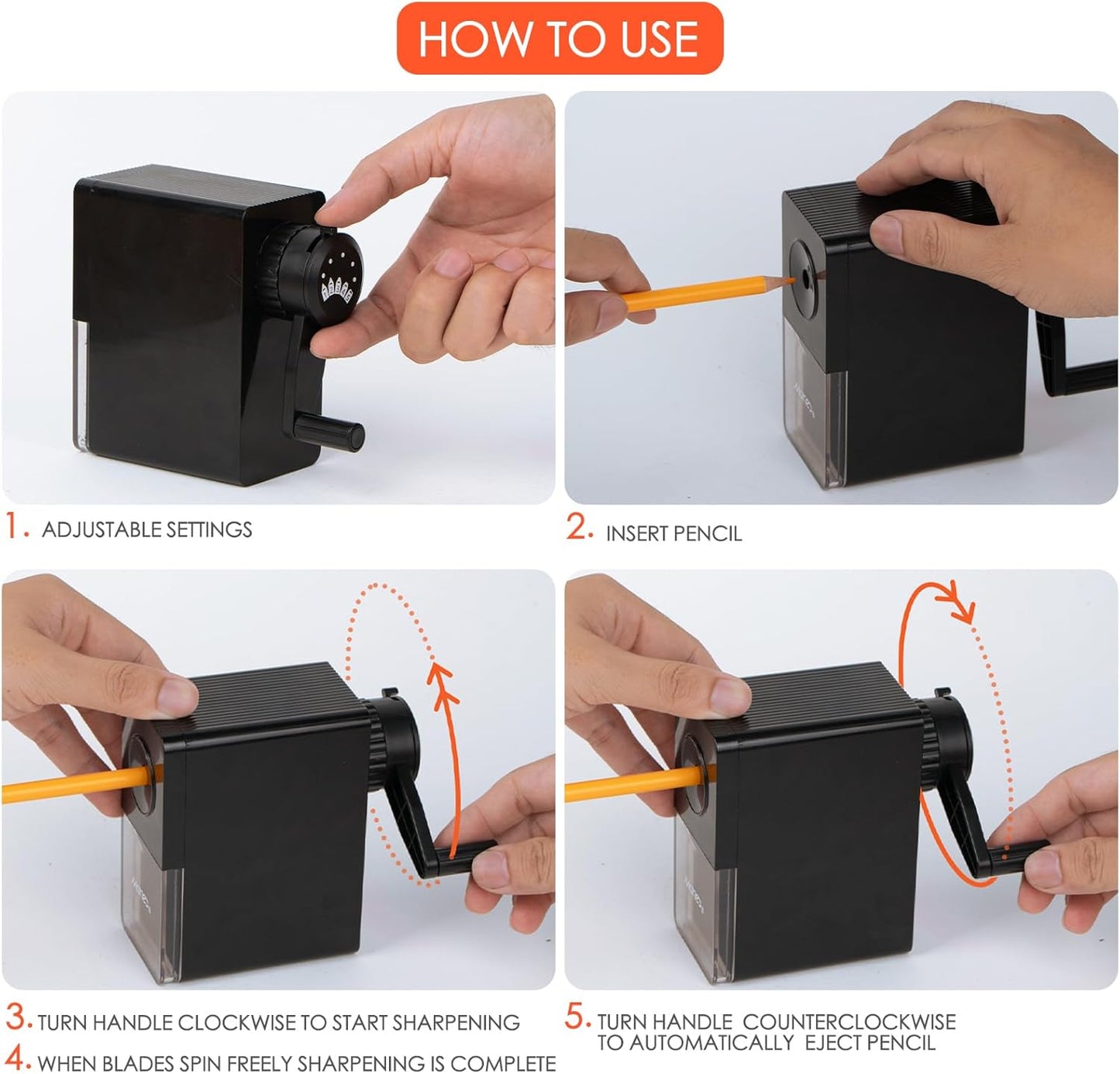 Marie's Long Point Manual Pencil Sharpener, 5-Level Adjustable Hand Crank Sharpener with Large Shavings Box for Art Sketching and Classroom, for Artists and Students