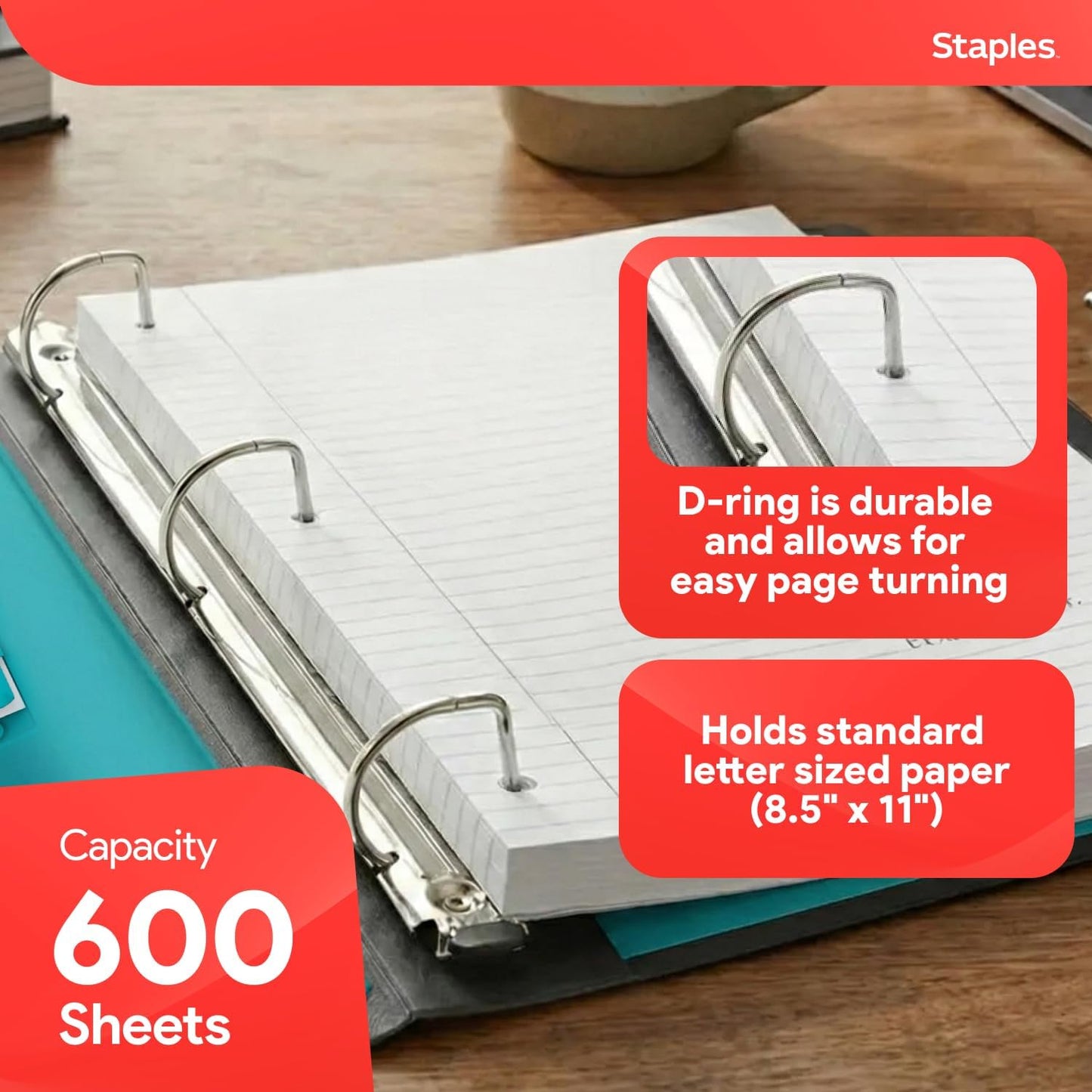 Staples Better Binder 2-Inch D-Ring View Binder, Reinforced Spine, Holds Up to 540 Sheets, Teal, for Office & School