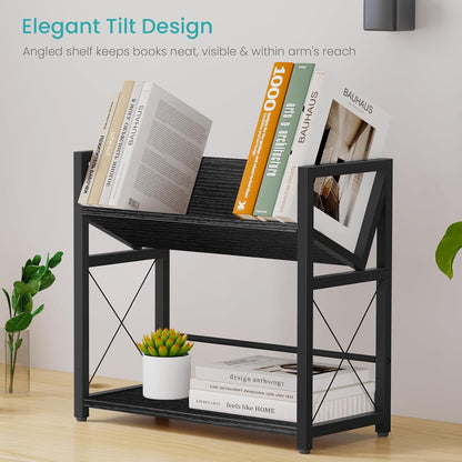 ELITEROO Desktop Bookshelf, 2 Tier Desk Shelf Organizer, Wooden Tabletop Bookcase, Small Desk Top Book Rack for Office, Home, Bedroom, Small Space Storage and Display, Rustic Brown