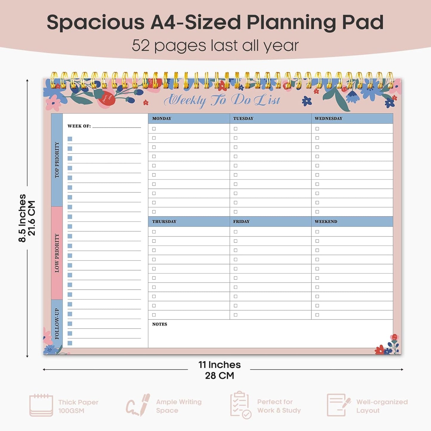 Taja Weekly To Do List Notepad with 52 Undated Sheets（8.5"×11"）- Weekly Desk Planner for Women & Man, Work and Home -1 Pack Violet Dream